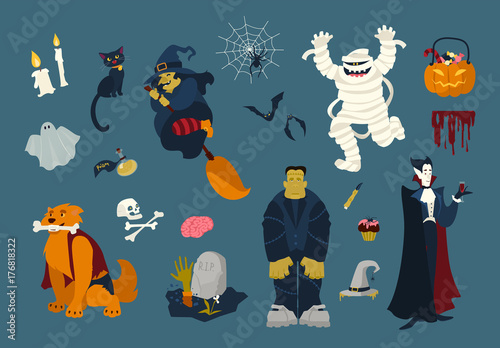 Big Collection Of Funny And Spooky Halloween Cartoon Characters Zombie Mummy Ghost Witch Flying On Broom Black Cat Dead Vampire Spider On Web Bats Festive Colorful Flat Vector Illustration Stock Vector