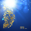 Happy new year card with a golden hemisphere from various flower swirls over deep blue sea background. Vector illustration.