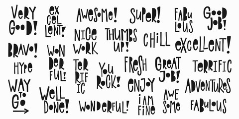 Nice work Good job Well done Thumbs up Awesome Bravo Super Excellent sticker quote lettering. Calligraphy inspiration graphic design typography element. Hand written postcard. Cute simple vector sign.