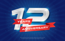 12 Years Anniversary Background With Red Ribbon And Star On Blue Background. Celebrating Logotype, Poster Or Brochure Template. Vector Illustration