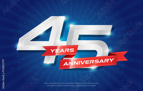 Photographie 45 years anniversary background with red ribbon and star on blue background