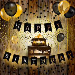 Happy birthday vector illustration - Gold foil confetti and black and shiny gold balls with cake on a wooden background