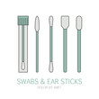 Different swabs, ear stick in flat line style on white background. Medical tools, hygiene objects.