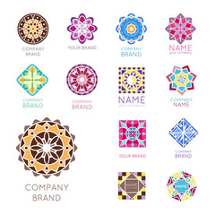 Abstract triangular polygonal shape kaleidoscope geometry company brand logo badge template circle decorative vector icon.