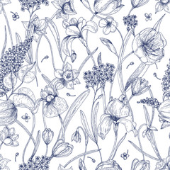 Poster - Beautiful natural seamless pattern with spring flowers hand drawn with contour lines on white background. Elegant flowering plants in bloom. Vector illustration for textile print, wrapping paper.