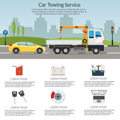  tow truck city road assistance service evacuator of Online car help Flat design vector background illustration set