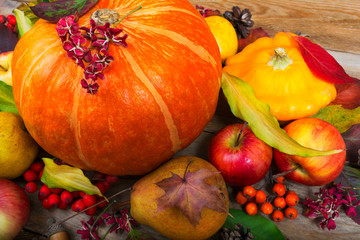  Fall background with orange pumpkin, yellow squash, pear
