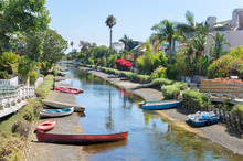 Boats In Canal In Venice, Los Angeles, United States.