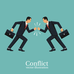 Business conflict concept. Disagreements of people. Two businessmen collided in battle. Debate people. Disagreement confrontation. Vector illustration flat design. Isolated on white background.