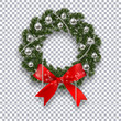 A green branch of spruce in the form of a Christmas wreath with shadow and snowflakes. Red bow, silver balls and beads on the background checkers. illustration