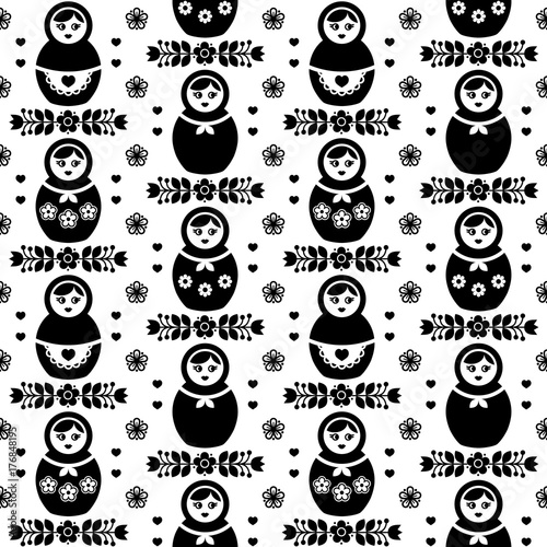 Stoffe zum Nähen Russische Puppe Vektor Musterdesign - Matroschka, Volkskunst-Design in schwarz und weiß