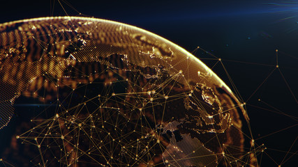 Connection lines Around Earth Globe, Futuristic Technology Theme Background with Light Effect, 3D illustration. Glowing Yellow dots.