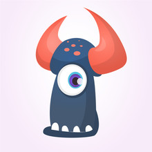 Cartoon Black Monster With Horns And One Eye.Vector Illustration
