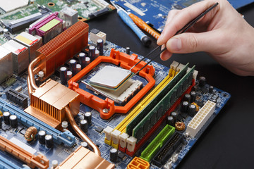 Poster - Computer processor chip disassembling close up