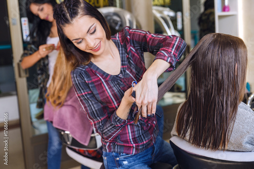 Plakat Dzień pracy w salonie fryzjerskim powoduje, że fryzjerka przycina włosy młodej kobiecie.