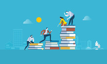 Flat Design Style Web Banner For The Path To Success, Levels Of Education, Staff Training, Specialization, Learning Support. Vector Illustration Concept For Web Design, Marketing, And Print Material.