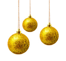 Hanging Yellow Christmas Balls Isolated On A White