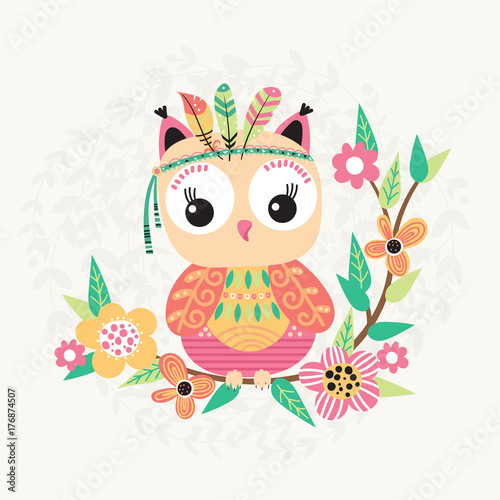 Cute owl and flowers