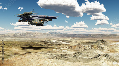 Plakat Statek kosmiczny nad pustynnym krajobrazem