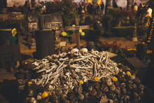 Unidentified Pile Of Skulls And Bones For The Mexican Day Of The Dead Ceremony