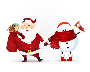 Wall Mural - Santa Claus with gift bag full of gift boxes, christmas present and snowman with jingle bell isolated on white background. Vector illustration