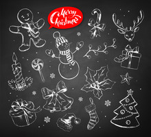 Vector Vintage Set Of Chalked Christmas Objects