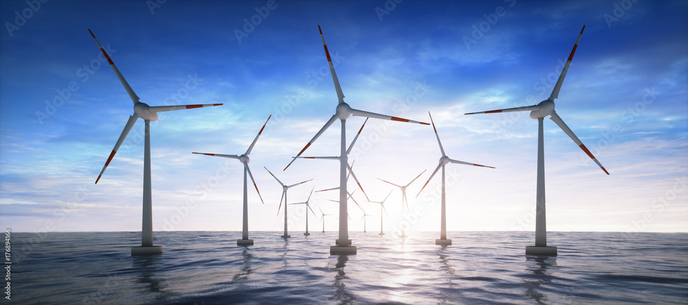 Windpark im Ozean im Sonnenuntergang - obrazy, fototapety, plakaty 
