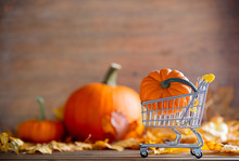Maple Leaves And Pumpkins With Supermarket Cart