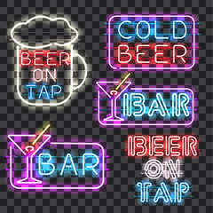 Wall Mural - set of glowing bar neon signs isolated on transparent background. shining and glowing neon effect. e