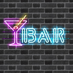Wall Mural - glowing neon bar sign with martini glass, olive and stick on brick wall background. shining and glow