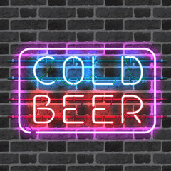 Wall Mural - glowing neon bar sign cold beer isolated on brick wall background. shining and glowing neon effect. 