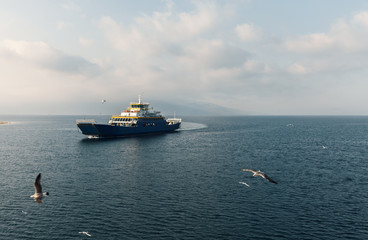 ferry at sea and seagulls..