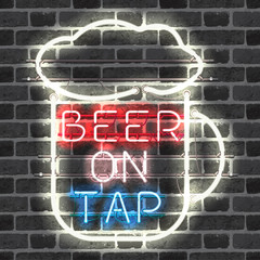 Wall Mural - glowing neon bar sign beer on tap on brick background. shining and glowing neon effect. all elements
