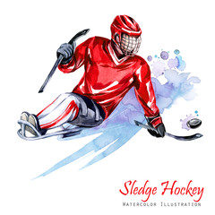  Watercolor illustration. Sledge Hockey. Disability snow sports. Figure of disabled athlete on the ice with a puck. Active people. Disability and social policy. Social support. Extreme games.