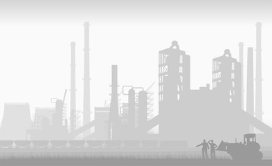 Wall Mural - big industrial factory and workers in early morning fog