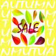 Autumn sale flyer template with lettering. Bright fall leaves. Bright geometrical background. Poster, card, label, banner design. Vector illustration 