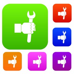 Poster - Wrench tool in man hand set color collection