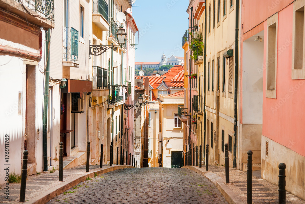 Old narrow street in Lisbon. Portugal view Stock Photo | Adobe Stock