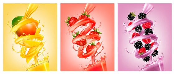 Canvas Print - Set of labels of of fruit in juice splashes. Mango, strawberry, raspberry, blackberry. Vector.