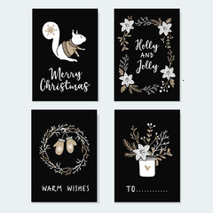 Set of cute Christmas greeting cards, invitations with squirrel, wreath glowes and winter flowers. Hand drawn illustrations, flat design with black background.