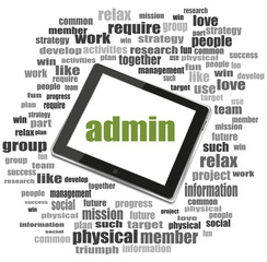 Poster - admin words. Security concept . Word collage with tablet pc