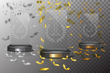 Glass Golden, Silver And Bronze Winner Podium Plate With Falling Confetti On Transparent Background. Vector Illustration.