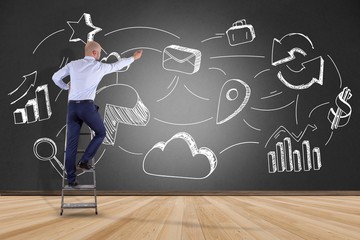 Poster - businessman in front of a wall writing on a business reminder interface application - technology con
