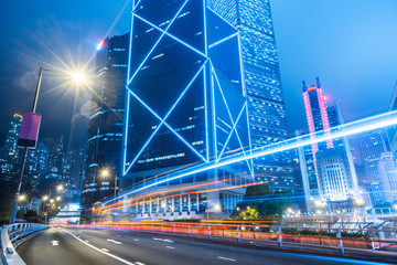 traffic trails in downtown hong kong,china,asia.