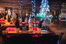 KRAKOW, POLAND - DECEMBER 22, 2016: Restaurant Christmas Decorations At The Krakow's Main Square.