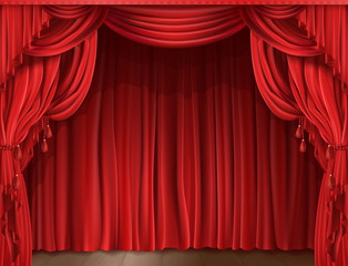 Wall Mural - Closed red stage curtain realistic vector illustration. Grand opening concept, performance or event premiere poster, announcement banner template with theater stage