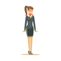 Canvas Print - Smiling stewardess in blue uniform, flight attendant on airplane vector Illustration