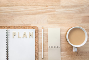 Working space with wood office desk table and supplies.Business flat lay background