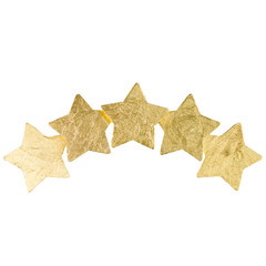 Five foil stars isolated on black. Christmas garland, decoration concept