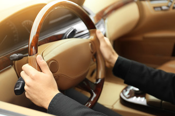 Wall Mural - Young man holding hands on steering wheel of car